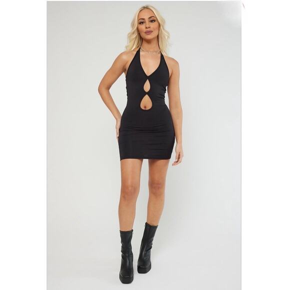 Dyln Black Aida Bodycon Deep V Halter Top Key Hole Front Cutouts Mini Dress XS - Picture 1 of 12